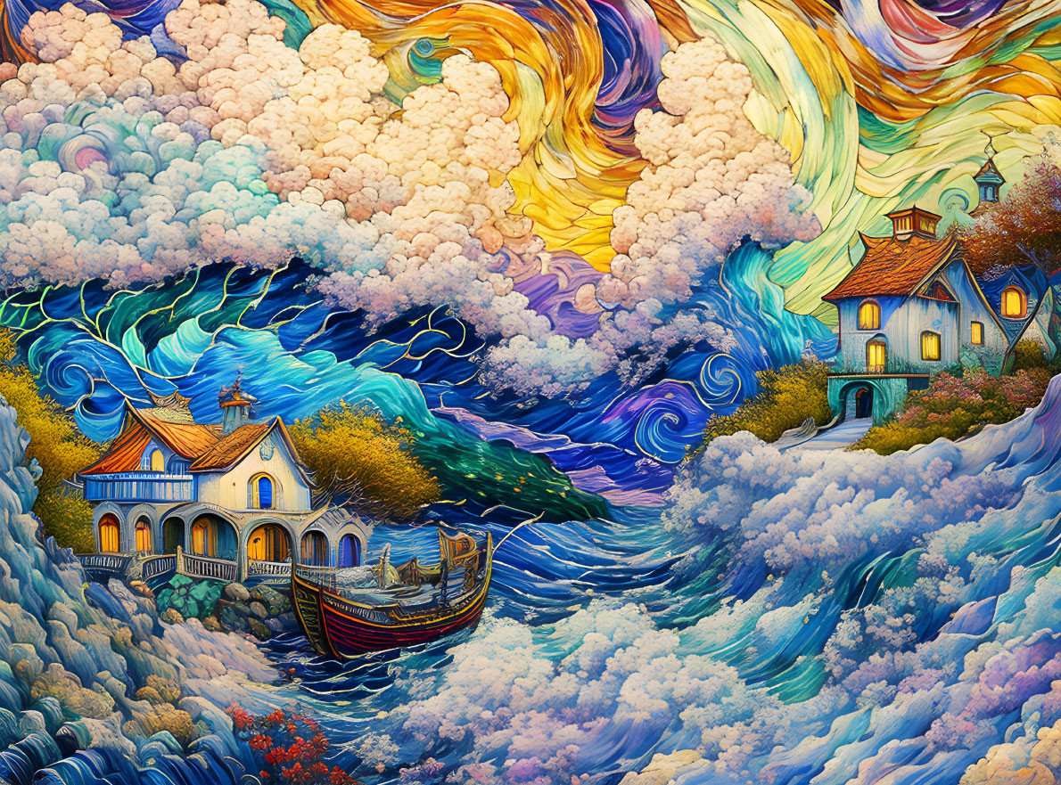 Surreal landscape with swirling clouds and waves around a cozy house and boat