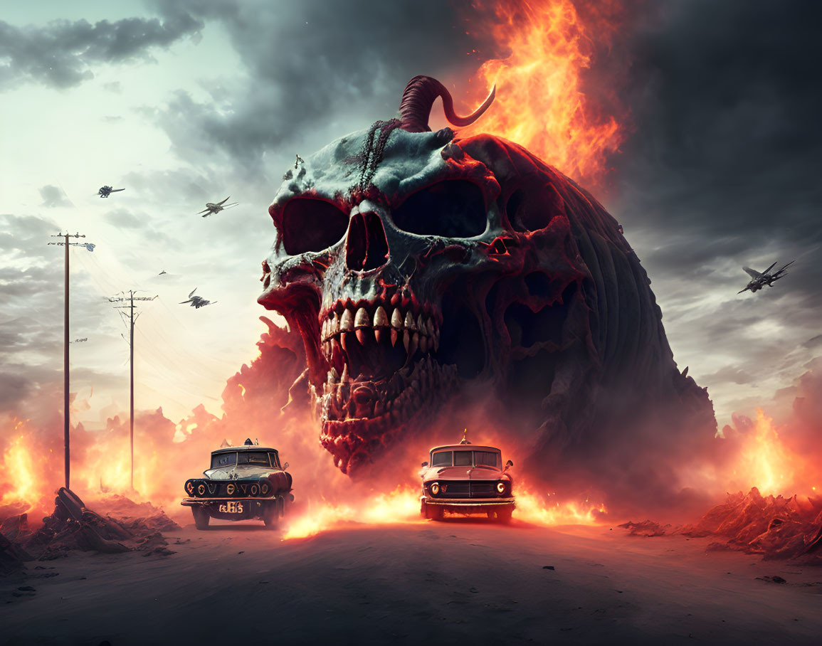 Apocalyptic scene with skull, explosions, vintage cars, and military planes