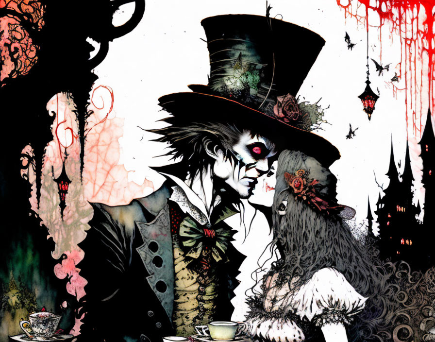 Gothic-style illustration of couple in Victorian attire amidst dark whimsical backdrop