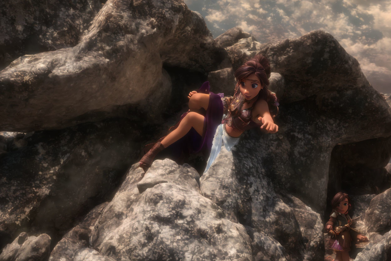 Purple-clad animated character climbing rocks under cloudy sky watched by another.