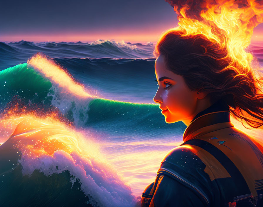 Vibrant ocean wave under fiery sunset gaze