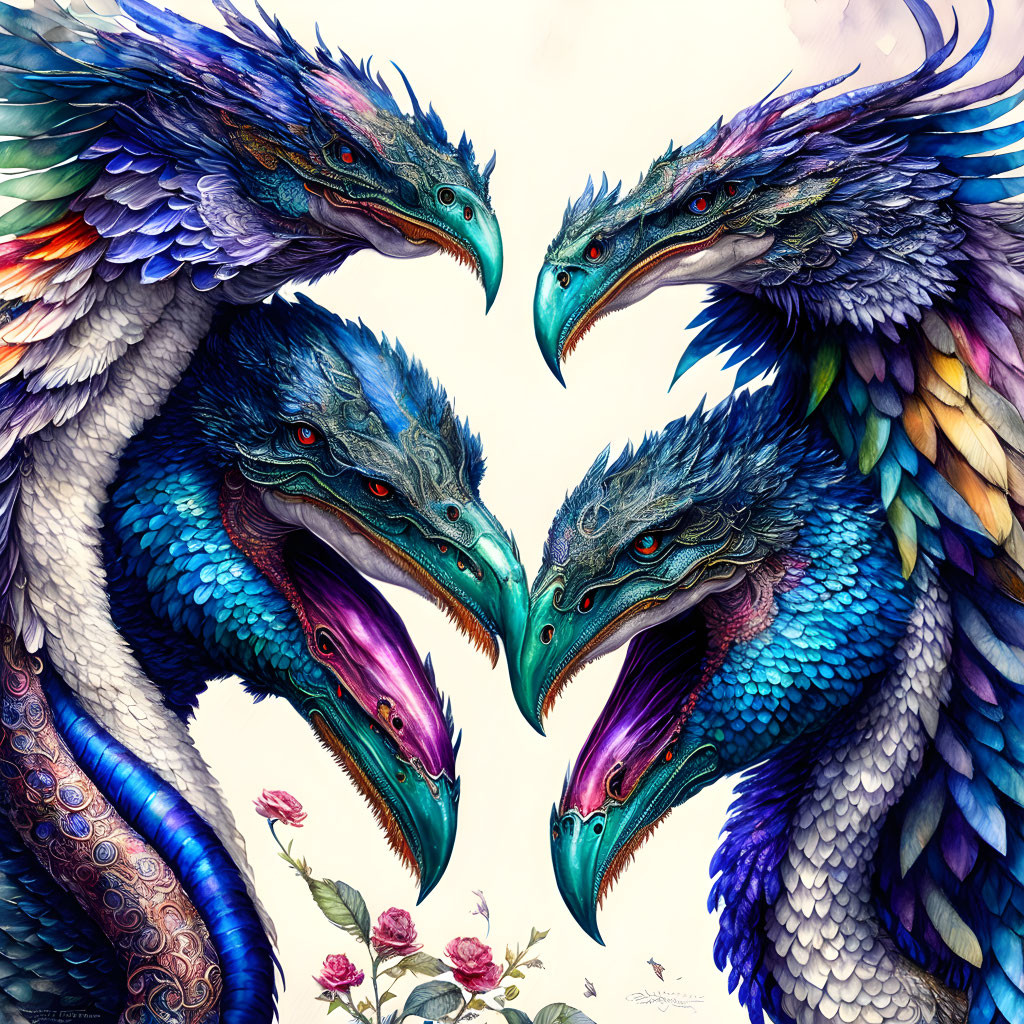 Four dragons with iridescent scales and colorful wings amidst blooming roses