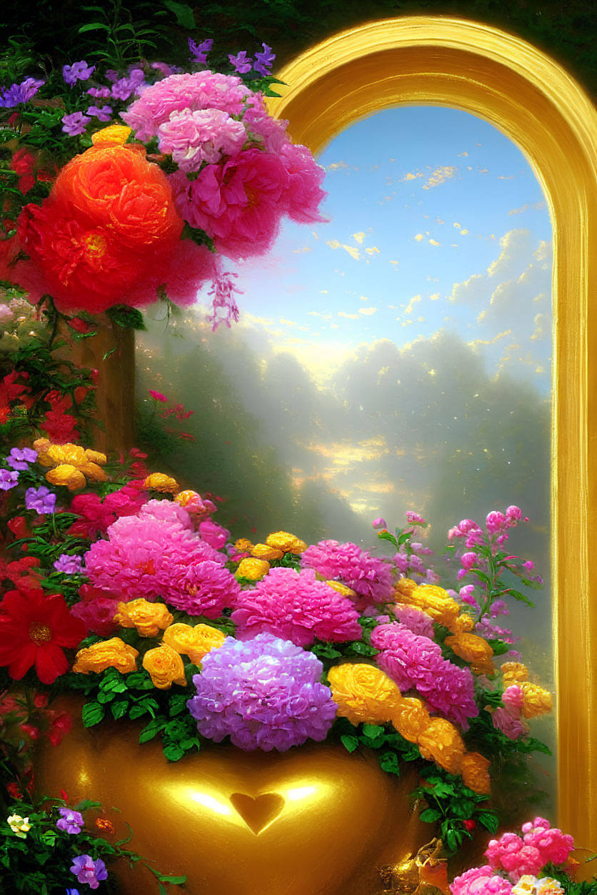 Golden mirror with multicolored floral frame reflecting serene sky and sunlight glow