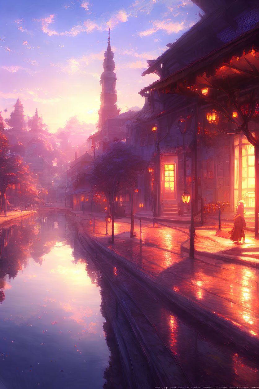 Fantasy cityscape at dusk: pink and purple sky, canal, cobblestone path, street