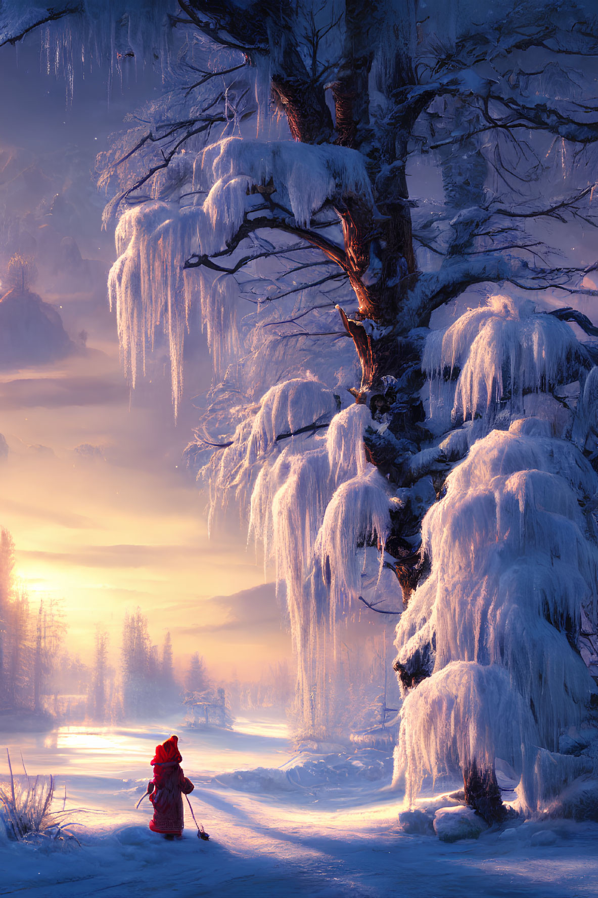 Person in Red Cloak Standing Under Snow-Laden Tree in Serene Winter Landscape