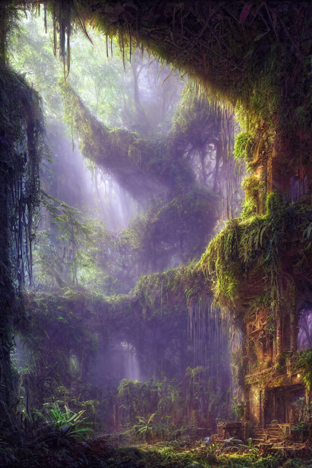 Mystical forest with ancient ruins and ethereal light