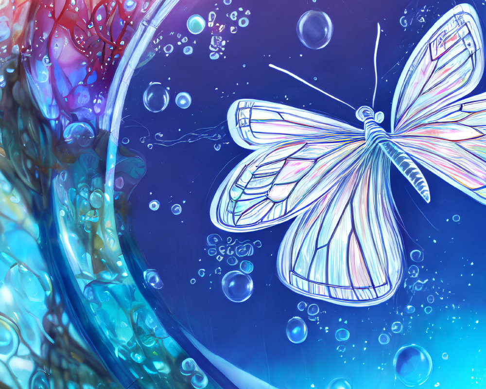 Colorful Butterfly Illustration with Translucent Wings in Dreamy Blue Environment