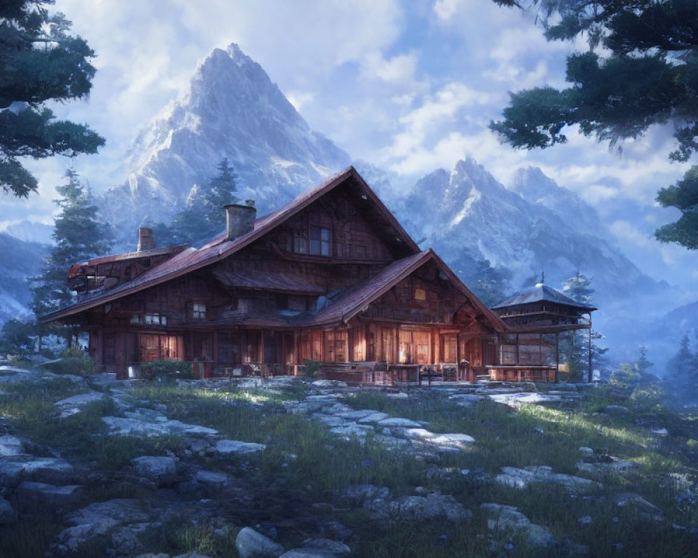 Wooden cabin in forest clearing with mountain peak backdrop