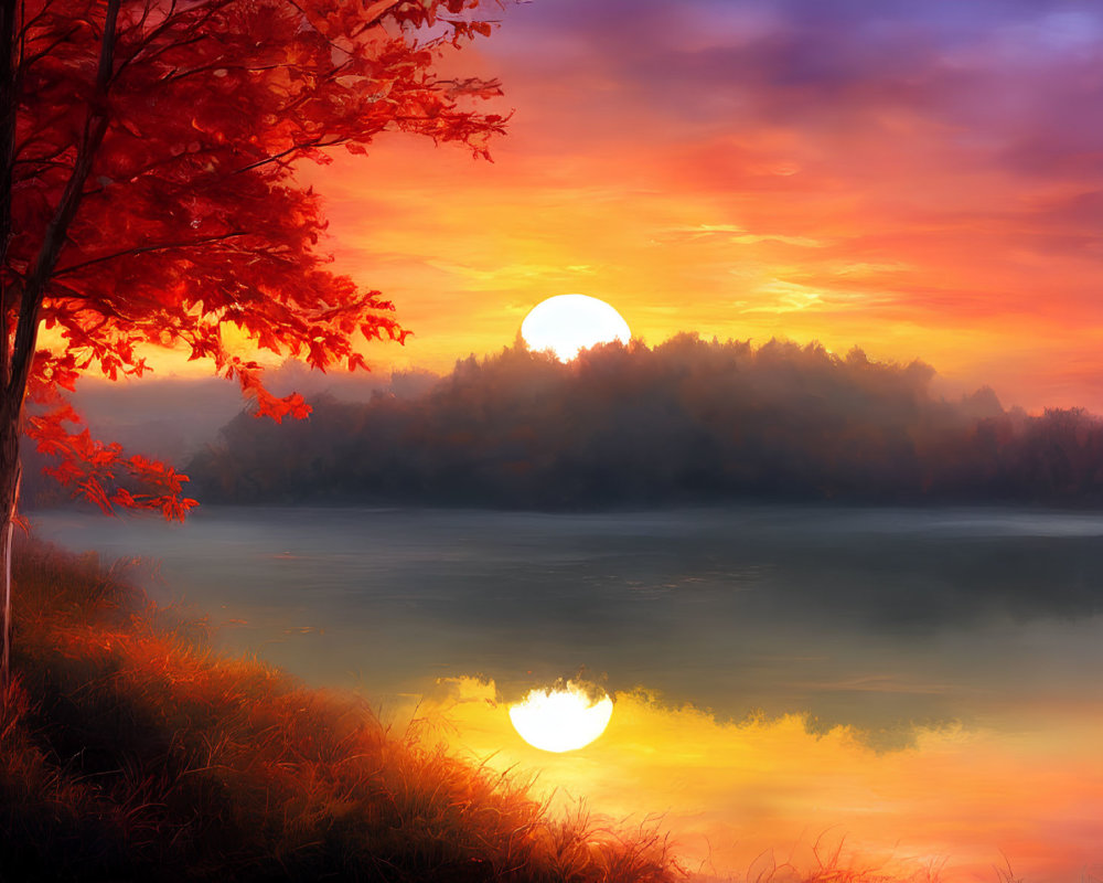 Tranquil lake at sunset with sun reflection, framed by autumn tree