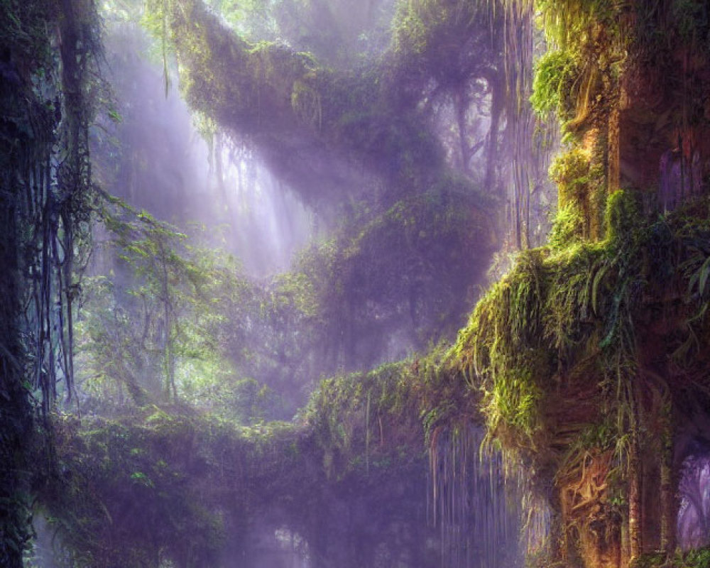 Mystical forest with ancient ruins and ethereal light