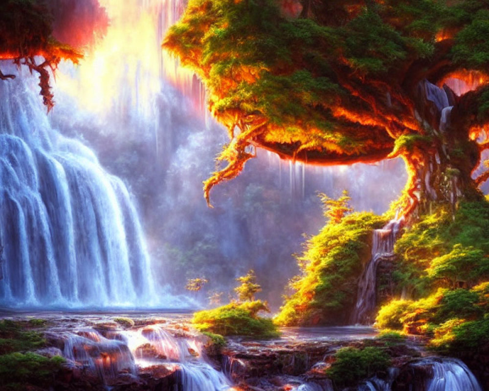 Mystical landscape with glowing tree, waterfalls, and mist