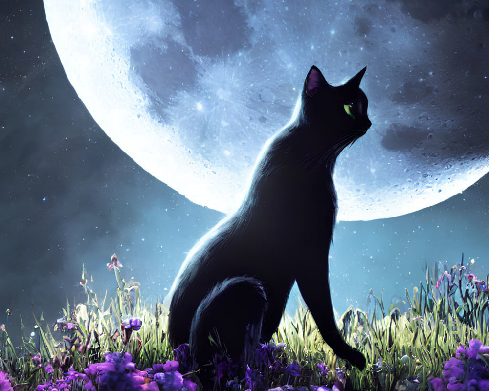 Black Cat Surrounded by Purple Flowers Under Moonlit Sky