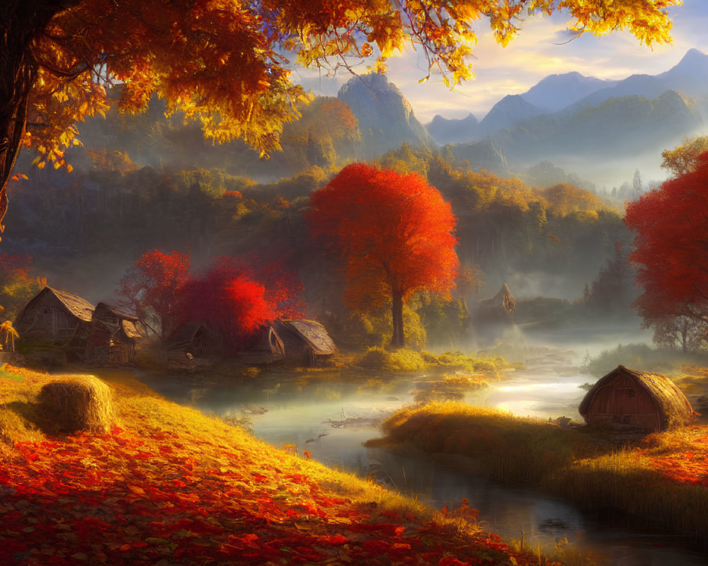 Scenic autumn landscape with red and orange foliage, meandering river, cottages, and misty