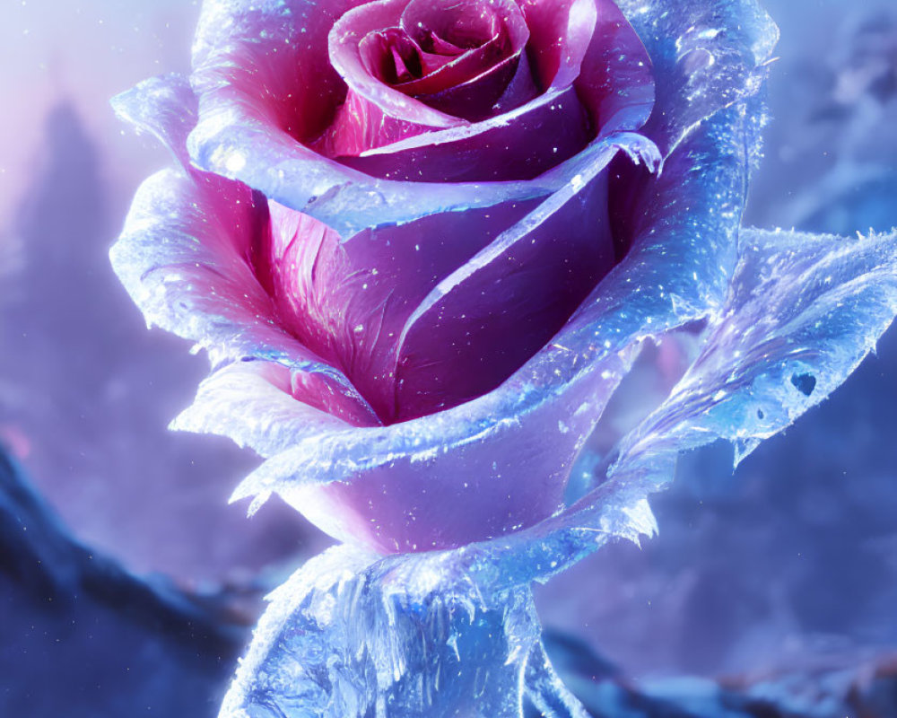 Pink rose frozen in ice with frost on petals in snowy landscape