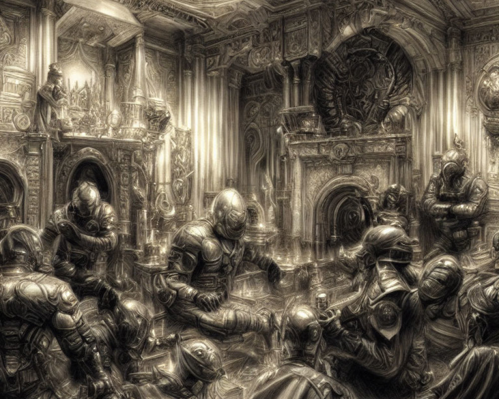 Armored knights in ornate medieval hall with detailed stonework
