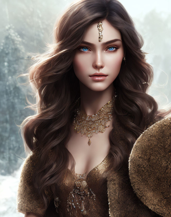 Portrait of a woman with brown hair and blue eyes in snowy setting