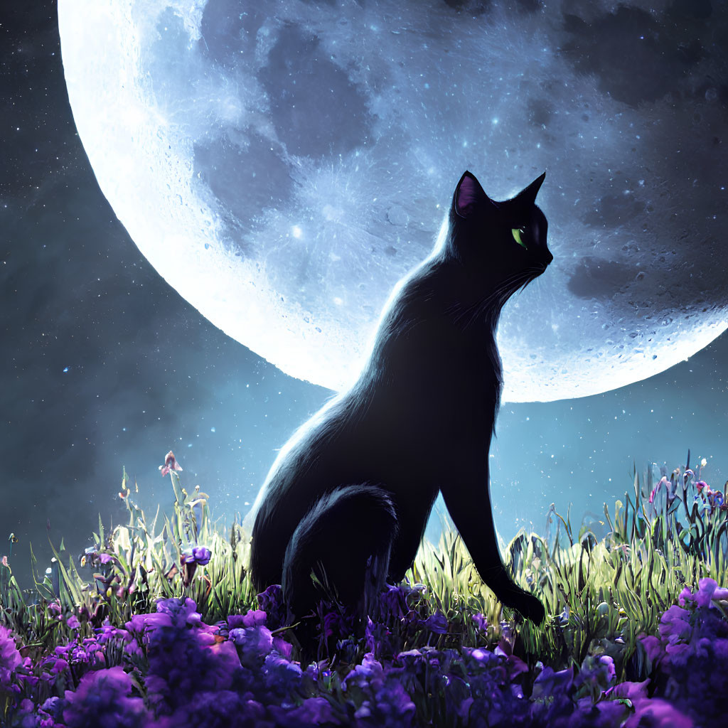 Black Cat Surrounded by Purple Flowers Under Moonlit Sky