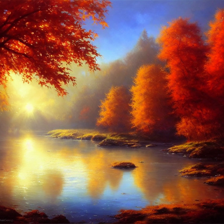 Tranquil autumn landscape with red-orange trees by calm river