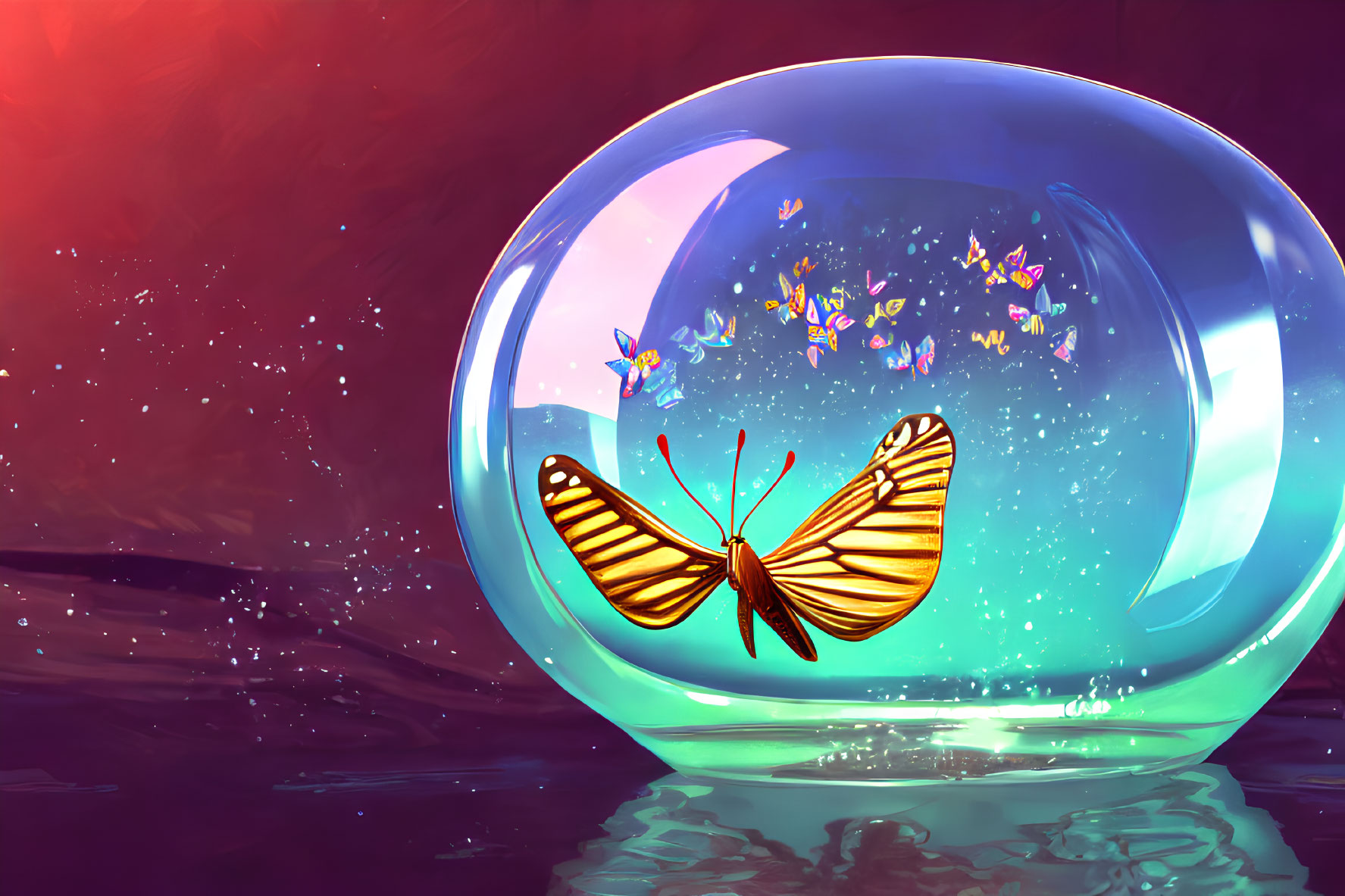 Colorful butterfly on bubble with smaller butterflies against pink and blue celestial background