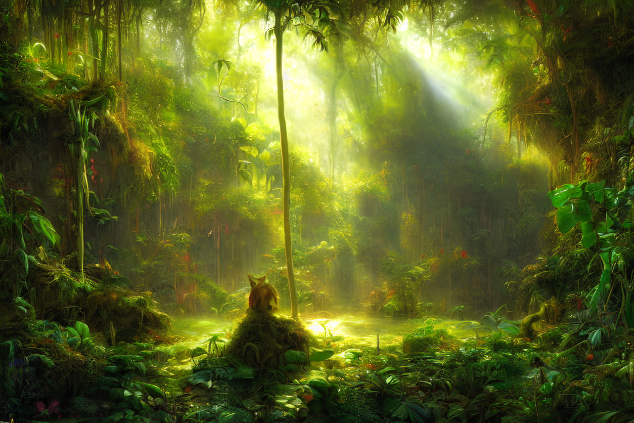 Sunlit Forest Scene: Fox in Verdant Undergrowth