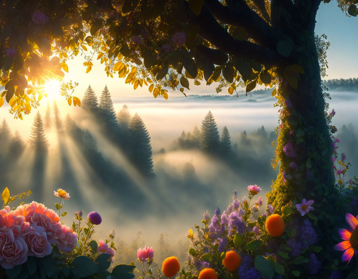 Sunrise in Misty Forest with Sunbeams, Tree, and Vibrant Flowers