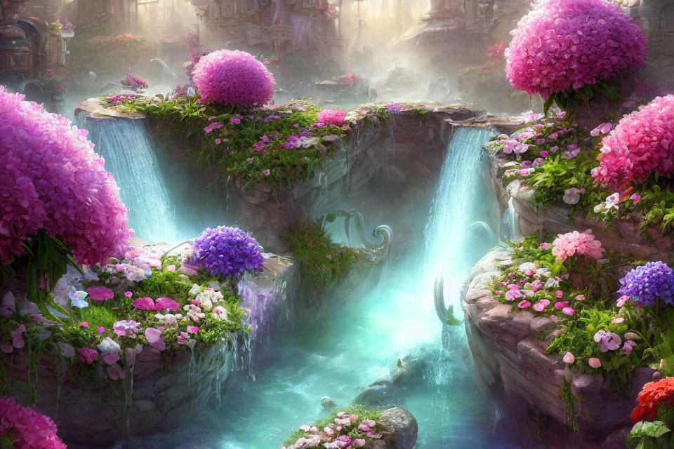 Vibrant pink and purple flora in mystical garden with serene waterfall
