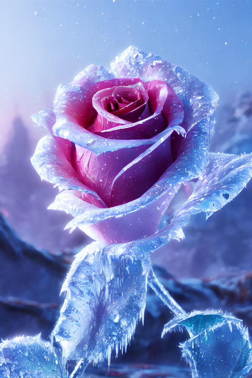 Pink rose frozen in ice with frost on petals in snowy landscape