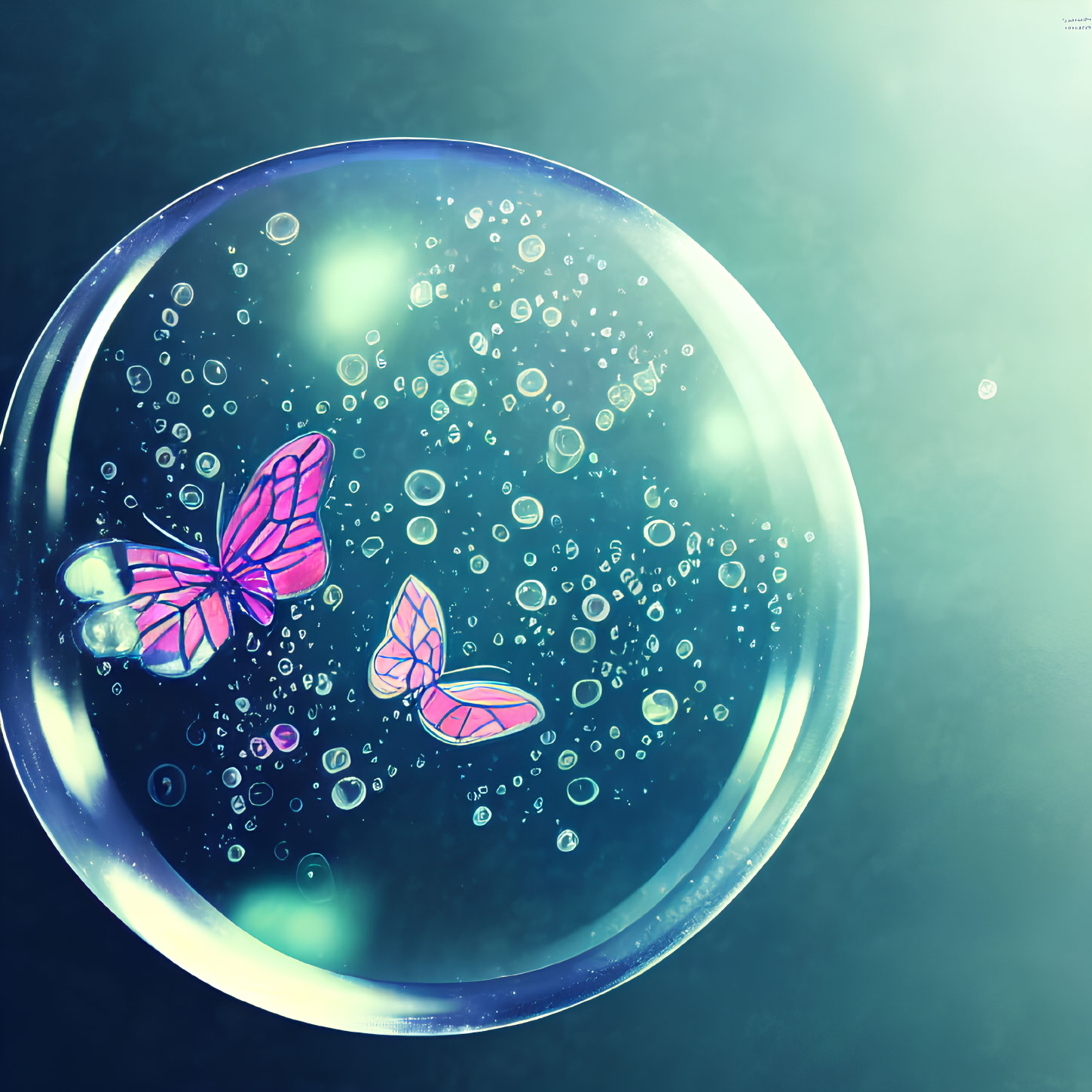 Spherical object with bubbles and pink butterflies on blue-green gradient background