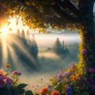 Sunrise in Misty Forest with Sunbeams, Tree, and Vibrant Flowers