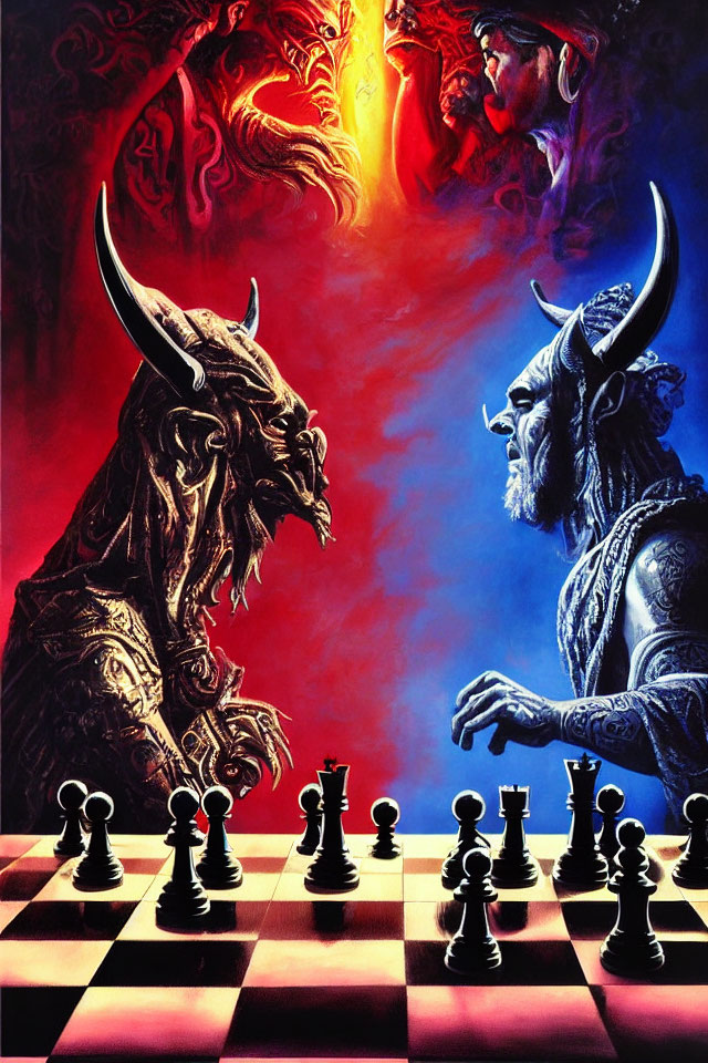 Fantasy illustration of demon and Viking warrior playing chess