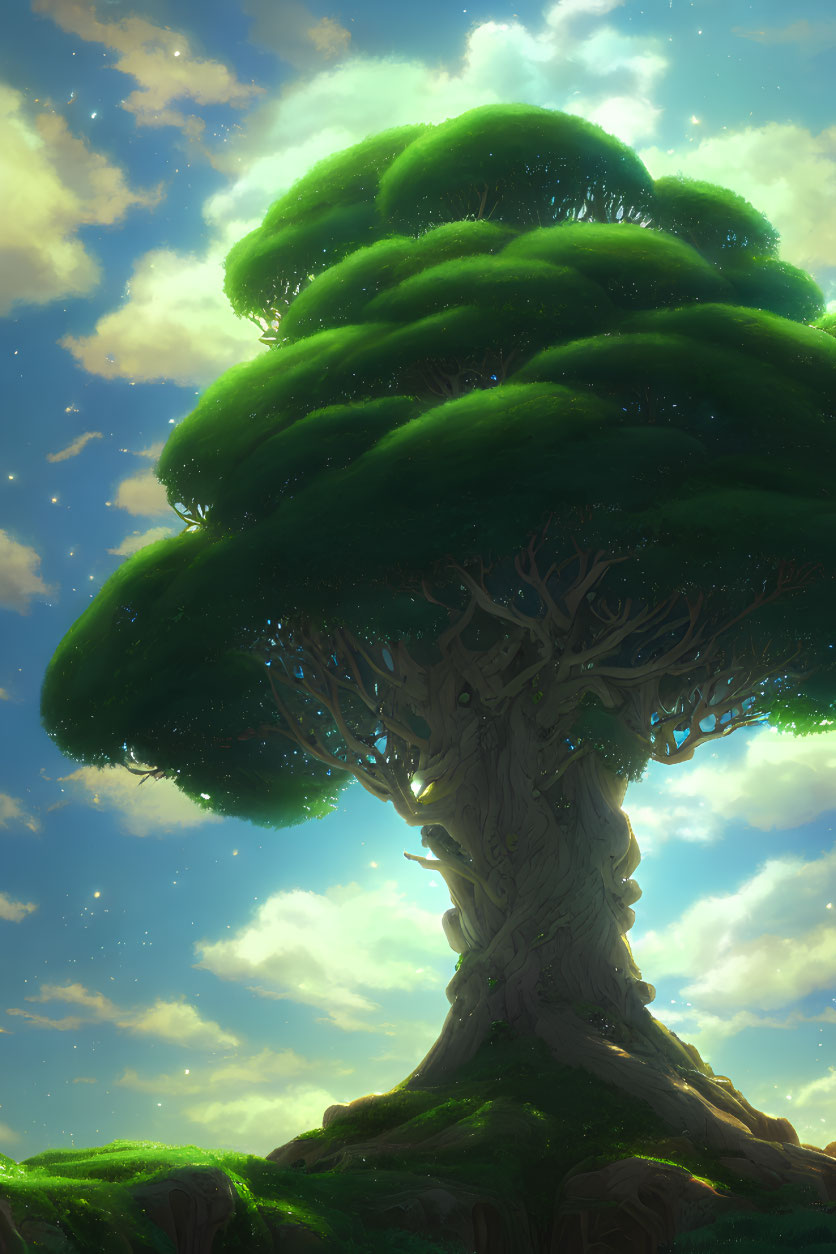 Majestic mystical tree with broad canopy and glowing foliage