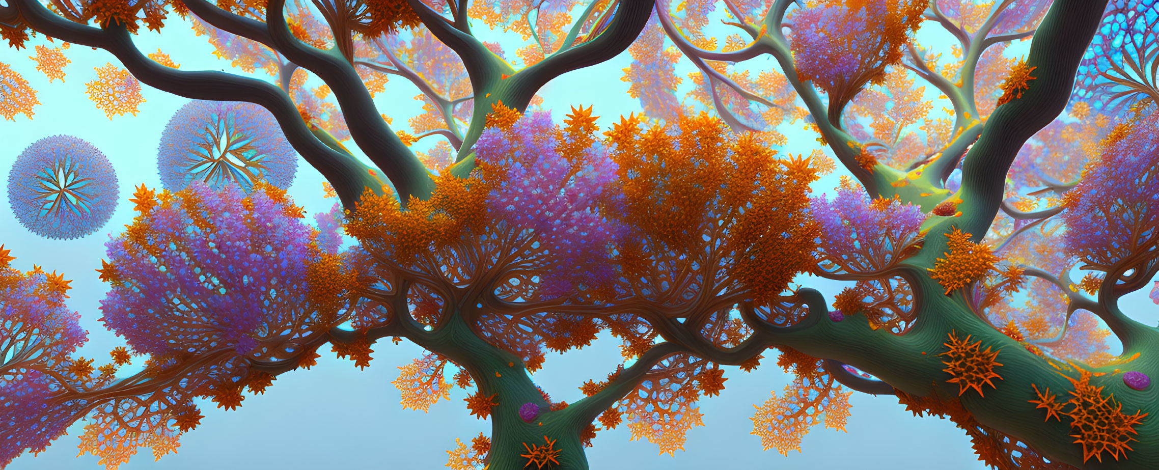 Colorful fantasy landscape with tree-like structures and coral-like foliage under a blue sky