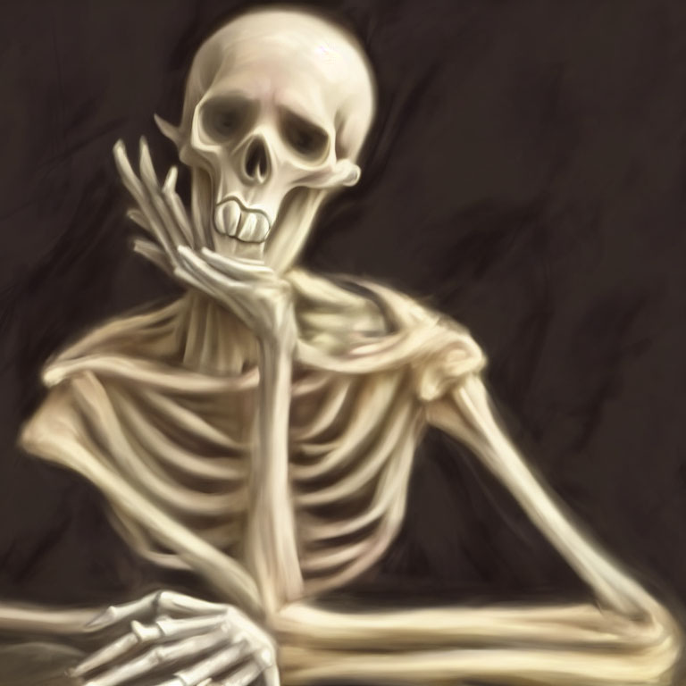 Skeleton in thoughtful pose against dark background