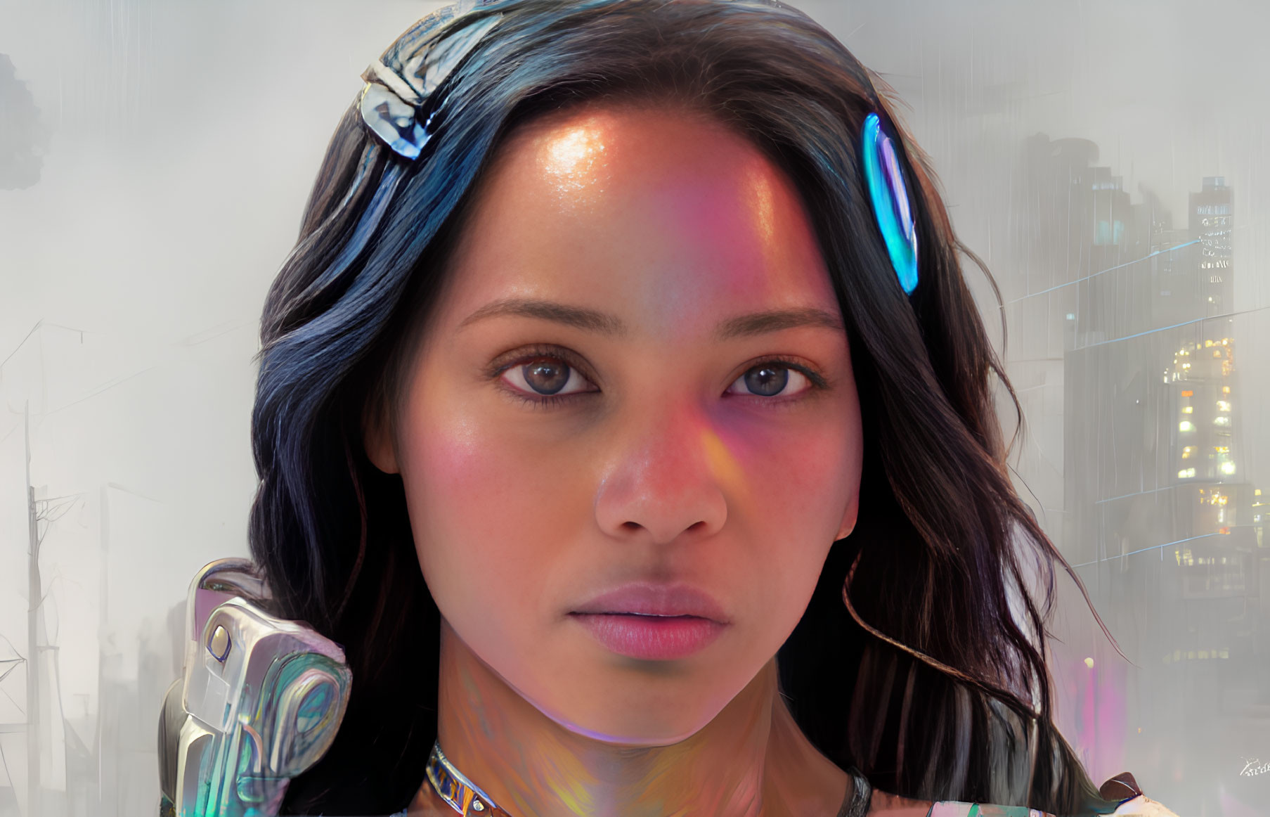 Futuristic digital artwork of woman with cybernetic enhancements