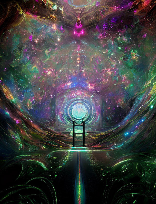 Colorful psychedelic tunnel with glowing lights and silhouette before luminous portal