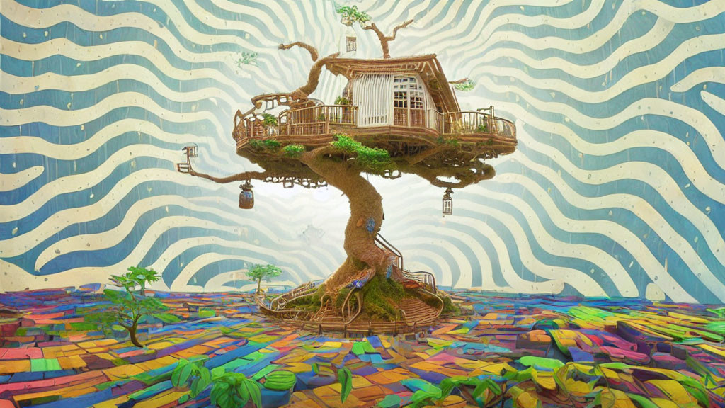 Whimsical treehouse with spiral staircase on colorful patchwork landscape