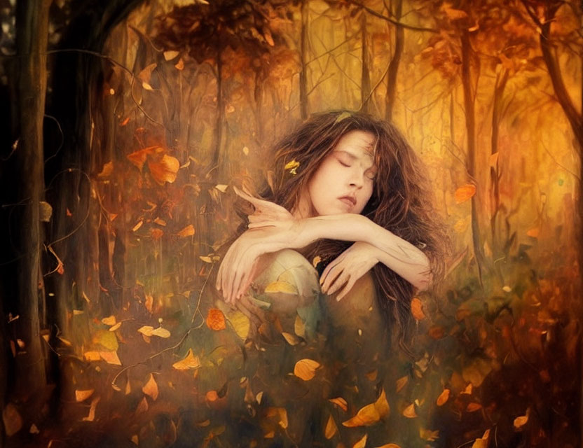 Woman in Autumnal Forest Embracing Knees