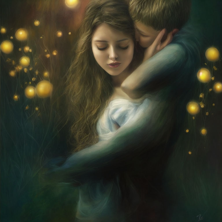 Embrace in mystical forest with glowing orbs