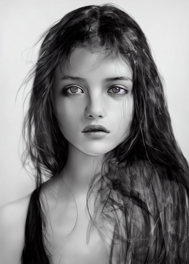 Monochrome portrait of young woman with long wavy hair