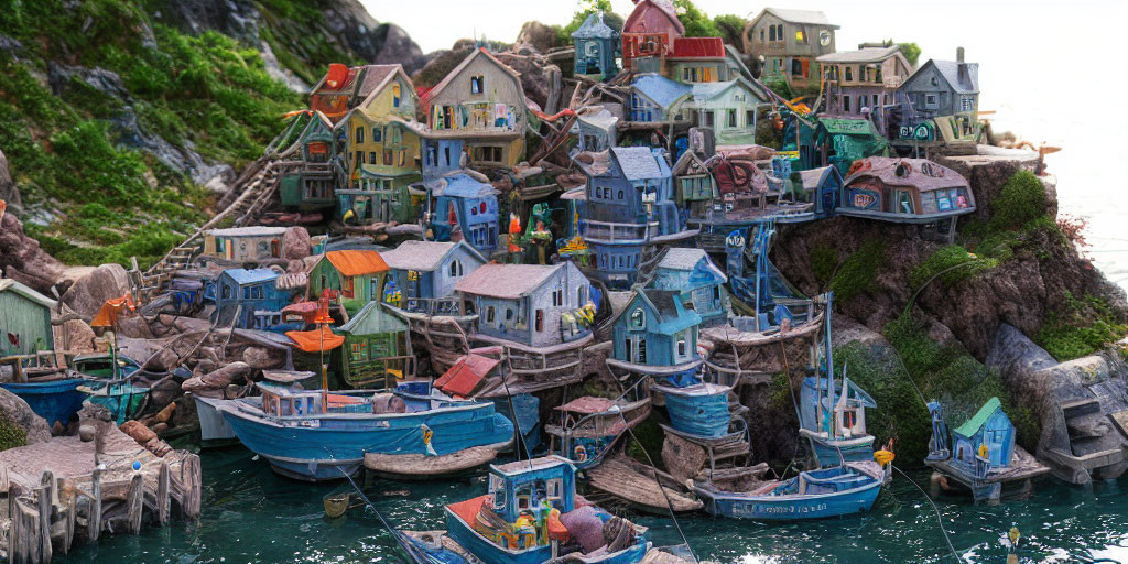 Vibrant Coastal Village with Colorful Houses and Boats