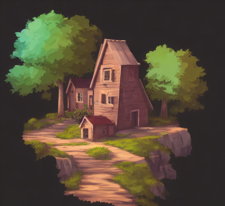 Whimsical digital painting of tall wooden house with shed, trees & path