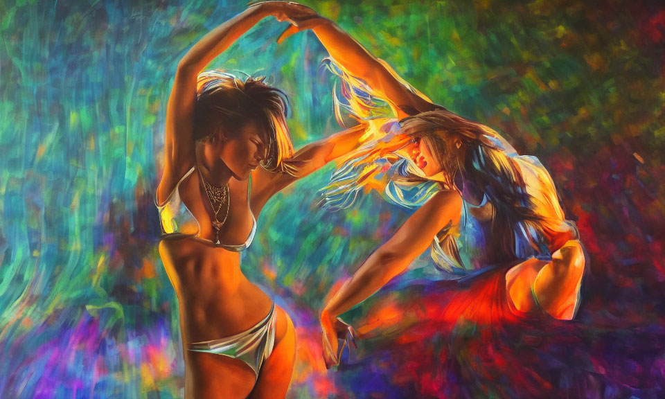 Vibrant dancers in colorful surroundings against abstract backdrop