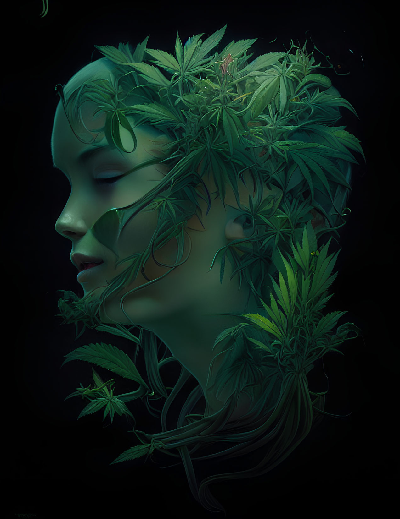 Serene female face with cannabis leaves as features on dark background