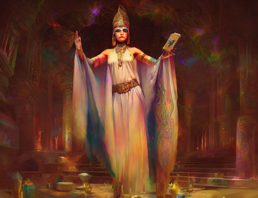 Mystical figure in elaborate headdress holding illuminated book