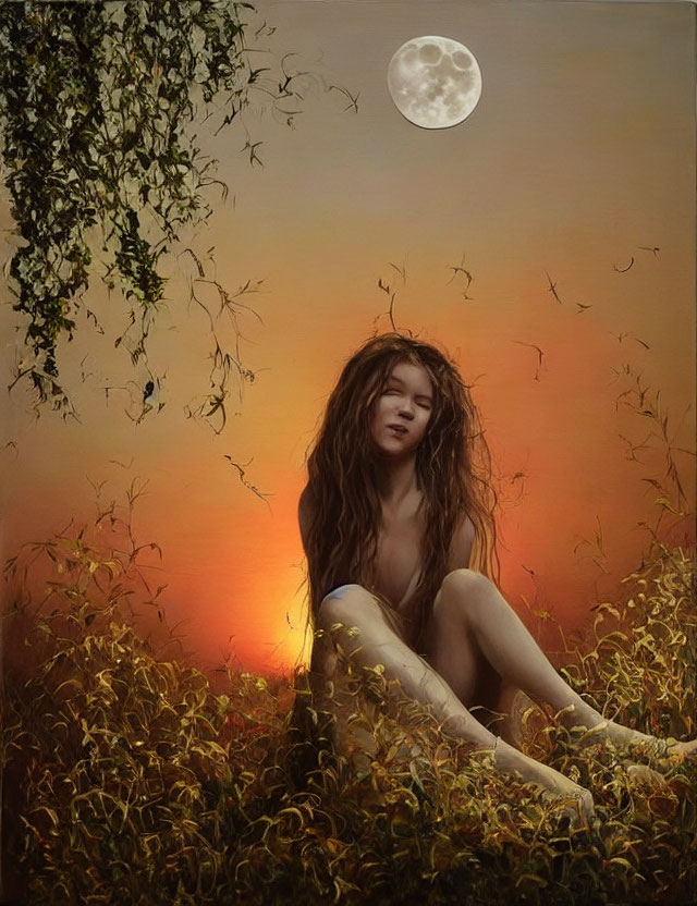 Woman in golden field at sunset with vines and full moon