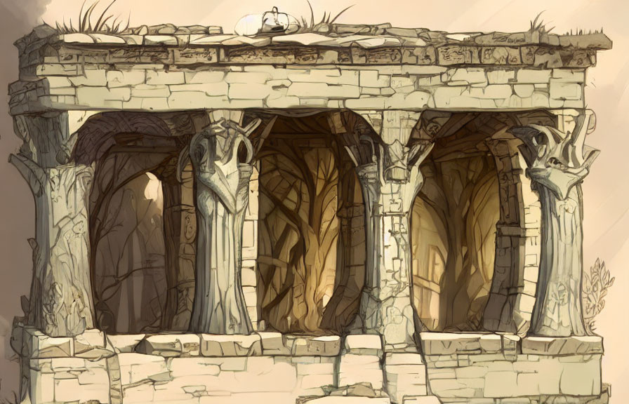 Ancient ruins illustration: crumbling archways, faded engravings