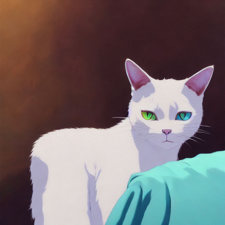 White Cat with Green Eyes Resting on Blue Surface Against Brown Background