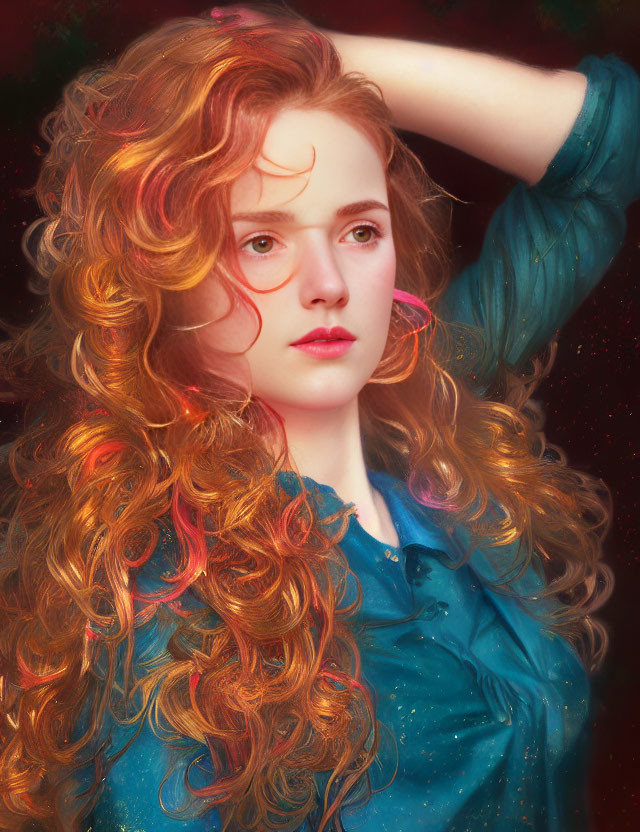 Curly Red-Haired Woman Against Starry Red Background