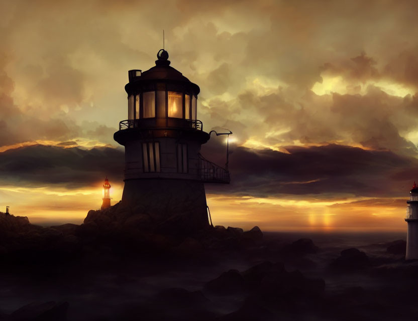 Tranquil sunset scene with prominent and secondary lighthouses