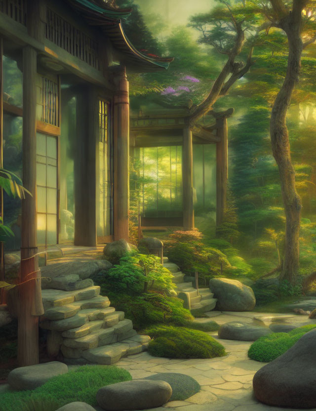 Tranquil Japanese garden with greenery, stone steps, and wooden architecture in golden light